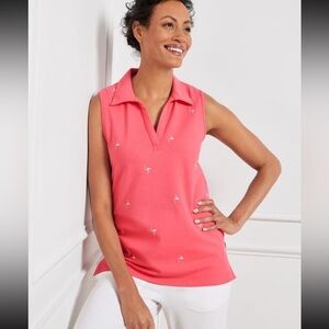 Talbots Coral Sleeveless Top with Flamingo Embroidery